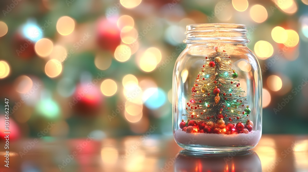 Miniature Christmas Tree in a Glass Jar with Lights and Ornaments Miniature Christmas Tree in a Glass Jar with Lights and Ornaments