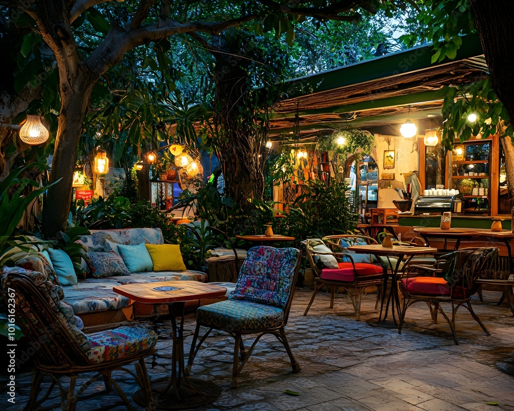 Cozy Outdoor Cafe Patio at Night with String Lights and Plants Cozy Outdoor Cafe Patio at Night with String Lights and Plants