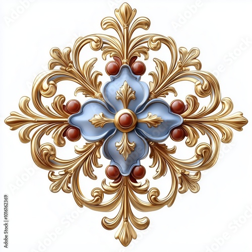 Ornate Golden and Blue Floral Design with Red Gemstones