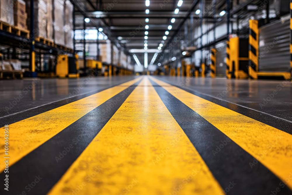 Φωτογραφία Interior of a large warehouse with stacked pallets and industrial shelving, featuring a yellow and black striped pathway in the center and overhead fluorescent lighting