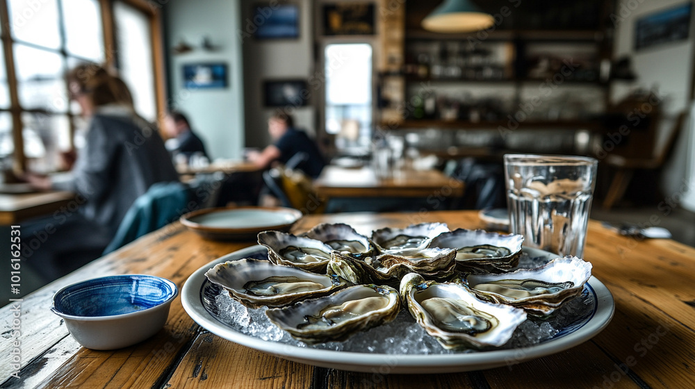 platter of fresh oysters rests invitingly on a rustic table at a harbor-side restaurant. The scene captures the essence of coastal dining, symbolizing freshness, community, and indulgence platter of fresh oysters rests invitingly on a rustic table at a harbor-side restaurant. The scene captures the essence of coastal dining, symbolizing freshness, community, and indulgence