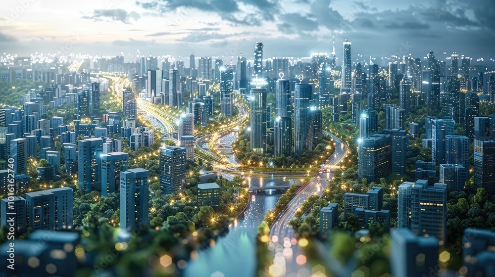 Obraz premium A smart city project being developed by a team of engineers and business experts, featuring integrated technologies like smart infrastructure, energy-efficient systems, and data-driven management.