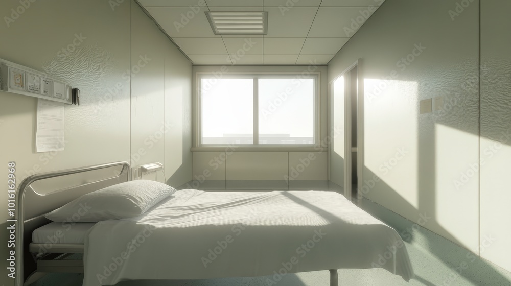 A hospital room with a bed and a window A hospital room with a bed and a window