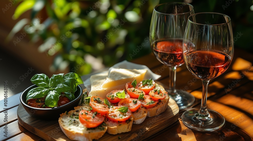 Bruschetta with tomatoes and basil enjoying the sunny weather with wine Bruschetta with tomatoes and basil enjoying the sunny weather with wine