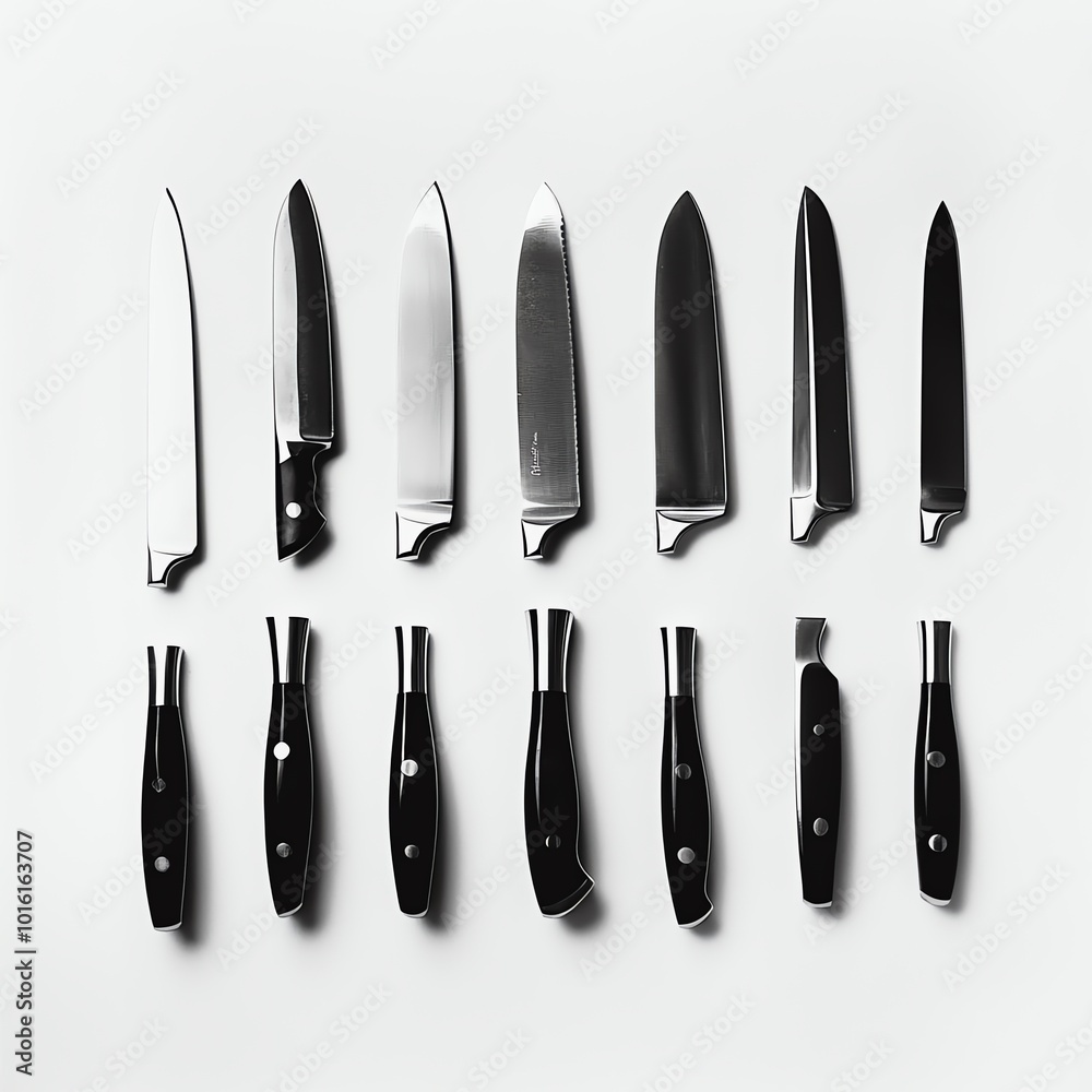 Minimalist arrangement of chef's knives, varying sizes on stark white Minimalist arrangement of chef's knives, varying sizes on stark white