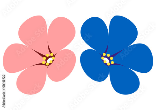 桜のようなピンクのお花と青いお花。斜め上を向いた形。