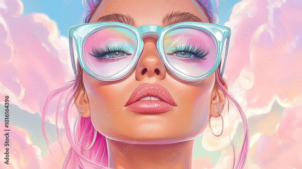 A woman with pink hair and blue glasses is smiling A woman with pink hair and blue glasses is smiling