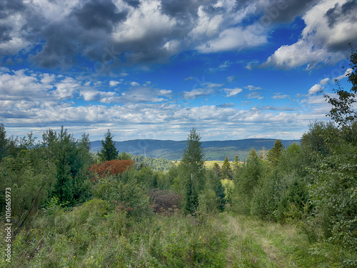 The landscape of Carpathian Mountains in the cloudy weather. Perfect weather condition in the summer season