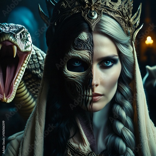 Hel, the Norse goddess, between Life &Death, half living and half dead. Accompanied by the Midgard Serpent her sister. Daughter of Loki. Valhalla. Mystic Dualism. Generative AI photo