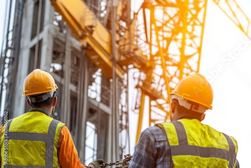 Two industrial workers, clad in safety helmets and reflective vests, work together thoughtfully at a bustling construction site filled with towering cranes in sunlight. photo