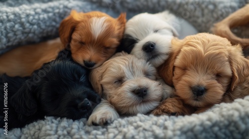 A group of puppies playing together on a soft blanket, all different breeds