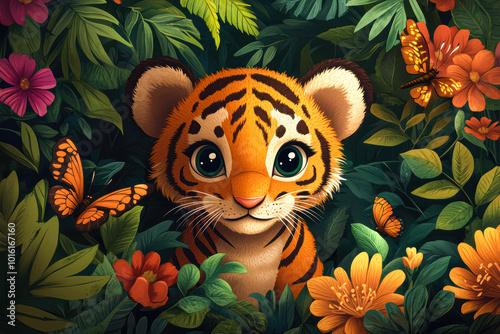 A cute, wide-eyed baby tiger peeks out from lush green foliage, surrounded by vibrant flowers and butterflies, perfect for children's book illustrations and nature-themed designs,