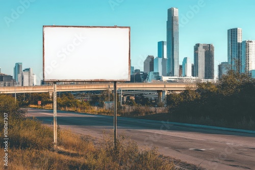 An empty billboard stands prominently against a backdrop of modern city skyscrapers and an urban skyline, waiting to showcase upcoming advertisements in a bustling area.