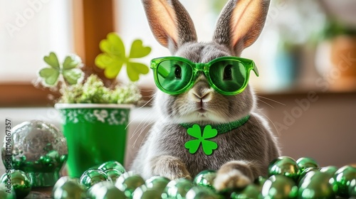 A cheerful rabbit in green shades and decorations enjoys a festive St. Patrick's Day celebration photo