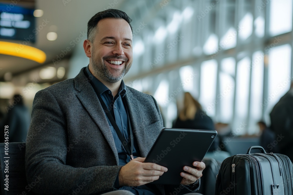 A cheerful man with a beard and casual attire holds a tablet while sitting in a modern airport lounge, representing travel readiness and technological connectivity. A cheerful man with a beard and casual attire holds a tablet while sitting in a modern airport lounge, representing travel readiness and technological connectivity.