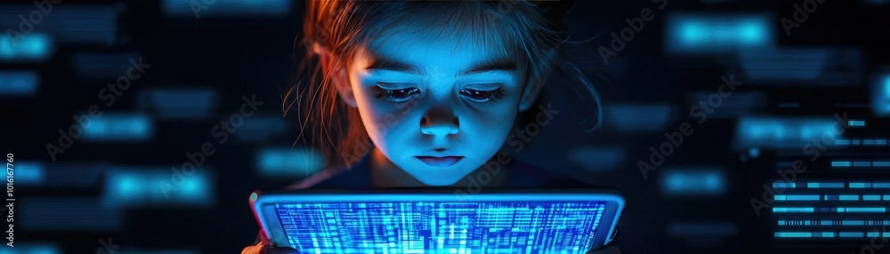Young girl engaged with a futuristic tablet, glowing with blue light, surrounded by digital elements, symbolizing technology and learning.