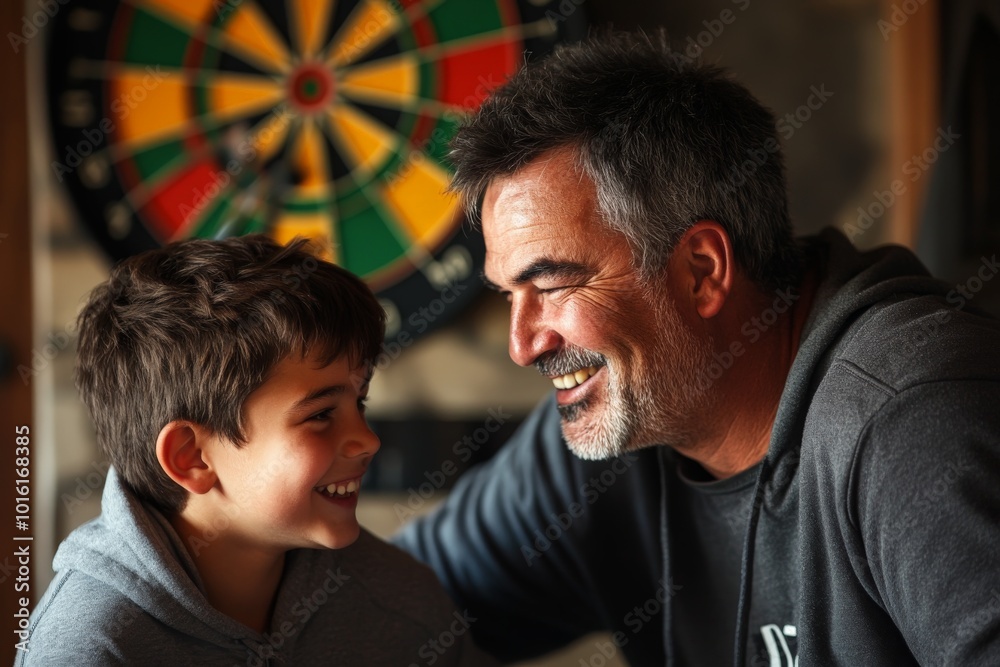 A father and his young son are seen smiling at each other in an indoor setting with a brightly colored dartboard behind, showcasing their strong family bond. A father and his young son are seen smiling at each other in an indoor setting with a brightly colored dartboard behind, showcasing their strong family bond.
