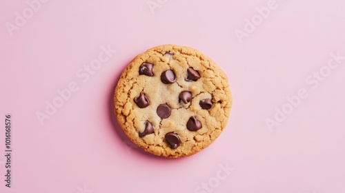 Pastel pink background with a chocolate chip cookie in the center.