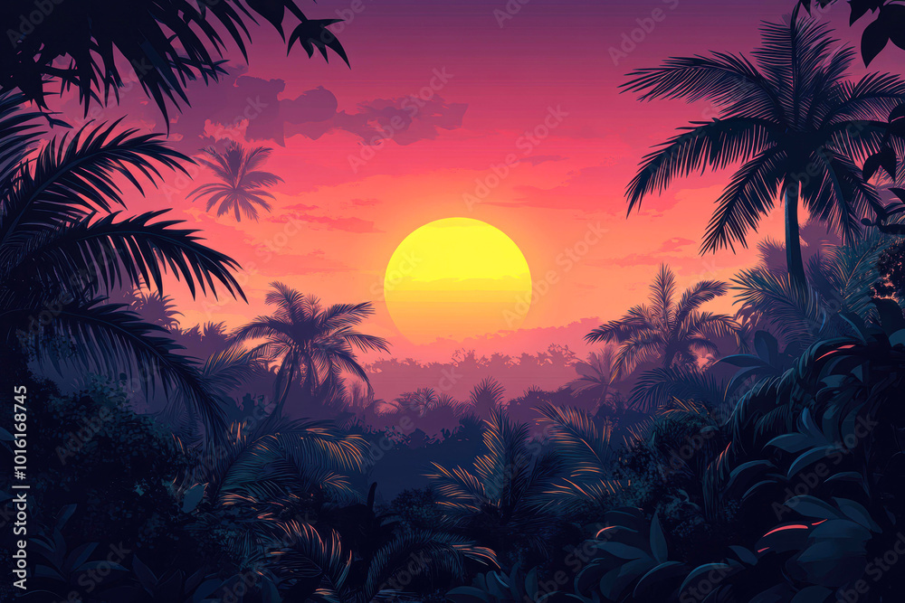 Obraz premium A vibrant sunset illuminates a tropical rainforest with golden hues, creating a serene and picturesque scene perfect for travel promotions, nature articles, or relaxation content,