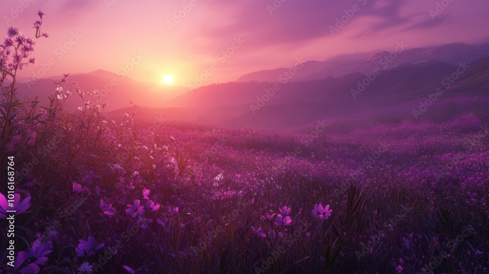 A mesmerizing view of a purple sunset casting a soft glow over a field of wildflowers, with intricate details in the landscape. A mesmerizing view of a purple sunset casting a soft glow over a field of wildflowers, with intricate details in the landscape.