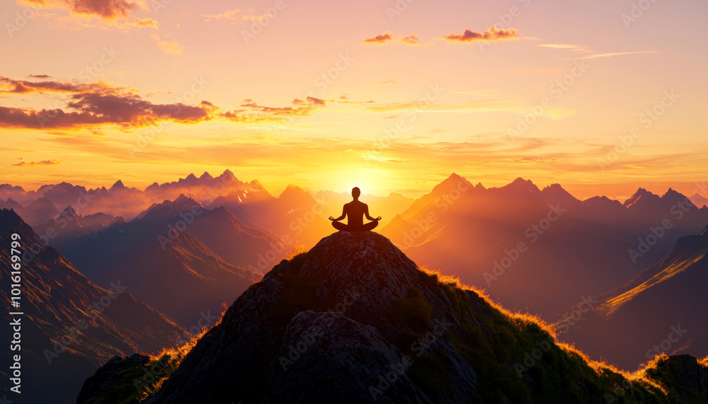 A serene sunset view with a person meditating atop a mountain, embracing tranquility in nature's beauty. A serene sunset view with a person meditating atop a mountain, embracing tranquility in nature's beauty.