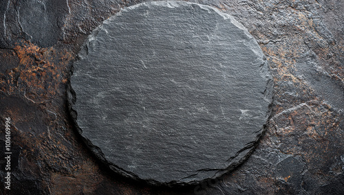A round slate plate is positioned on a richly textured, dark surface, emphasizing its organic, rugged characteristics against the moody, rustic background.