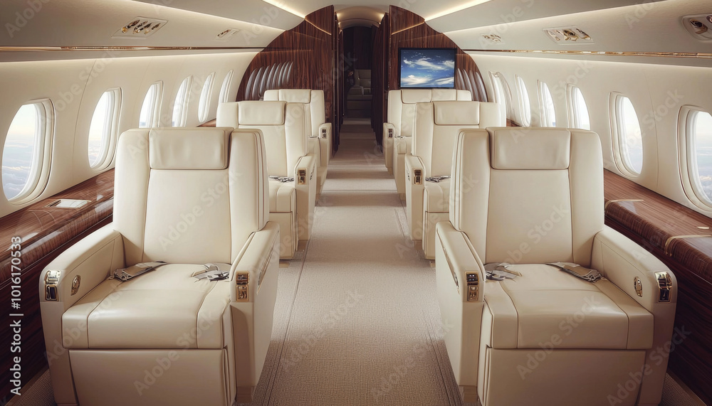Obraz premium A luxurious interior of a private jet showcasing spacious, comfortable seating and elegant design for business travel.