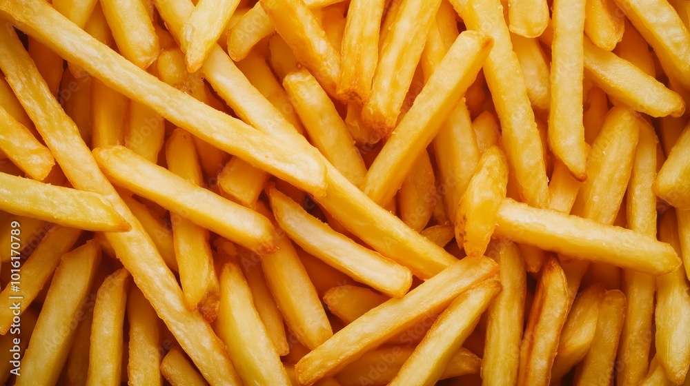 Crispy golden French fries piled on top of each other, showcasing their texture and color in a casual setting Crispy golden French fries piled on top of each other, showcasing their texture and color in a casual setting