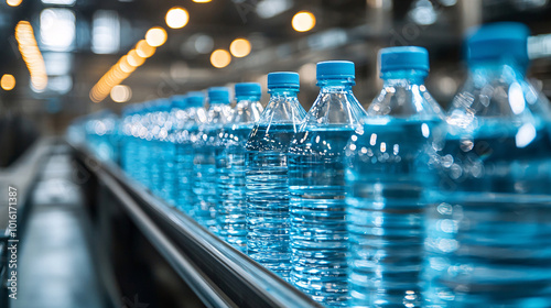 Modern beverage factory with a production line dedicated to bottling and capping fresh mineral water