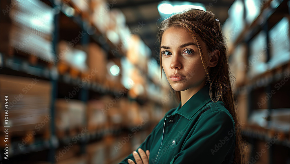 A female warehouse worker, wearing a collared green uniform, standing in a warehouse, with a serious expression. A female warehouse worker, wearing a collared green uniform, standing in a warehouse, with a serious expression.