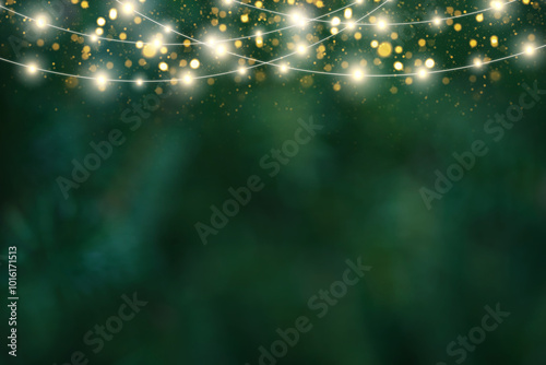 Blurred Christmas tree background with glowing light garlands

