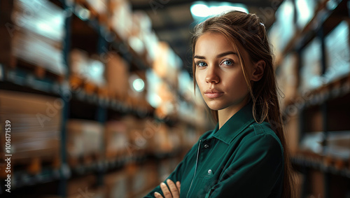 A female warehouse worker, wearing a collared green uniform, standing in a warehouse, with a serious expression.