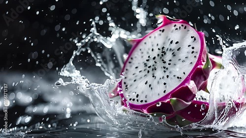 Juicy dragon fruit splashed with water. Slow camera fade in. 3D footage. High quality 4k video
