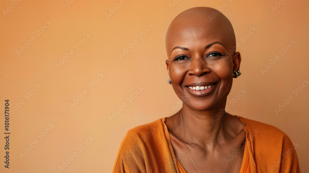 A bald woman with a shaved head after chemotherapy. Beautiful african american women standing isolated over beige background. Concept of supporting to all women suffering from cancer A bald woman with a shaved head after chemotherapy. Beautiful african american women standing isolated over beige background. Concept of supporting to all women suffering from cancer