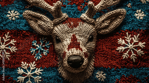 A charming knitted reindeer head adorning a cozy winter sweater with snowflake patterns, capturing the essence of warm, traditional holiday attire.