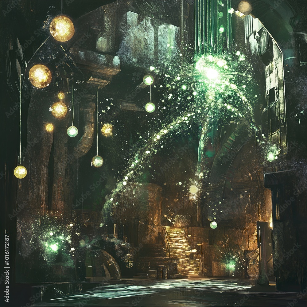 Obraz premium Mystical Architecture: Glowing Orbs and Green Sparks in a Fantasy Setting