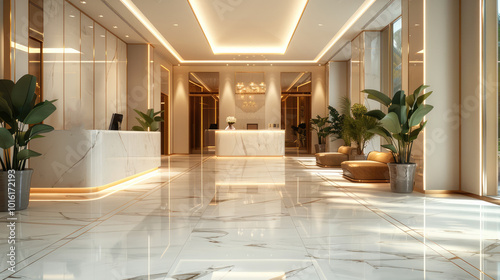 A modern boutique hotel lobby, with a welcoming concierge assisting guests, elegant interior design, marble floors, stylish seating area, warm ambient lighting, luxury atmosphere.