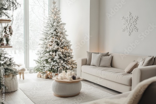 A serene, minimalist living space with soft tones, featuring a beautifully lit Christmas tree, cozy rug, elegant beige sofa, and subtle festive accents near large windows.