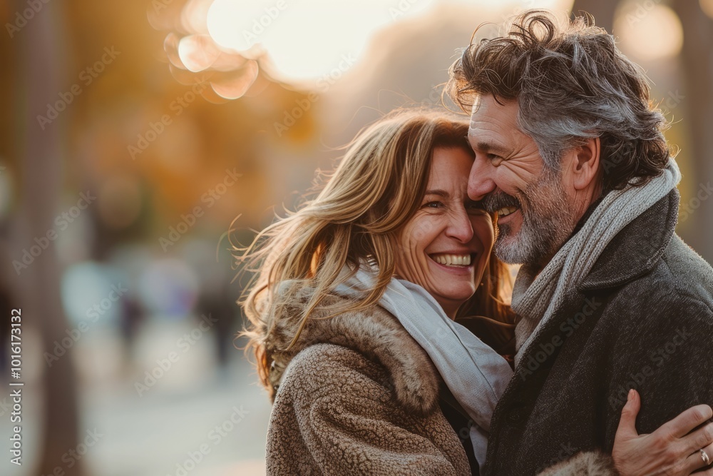 Portrait of happy senior couple walking in the city at sunset. Portrait of happy senior couple walking in the city at sunset.