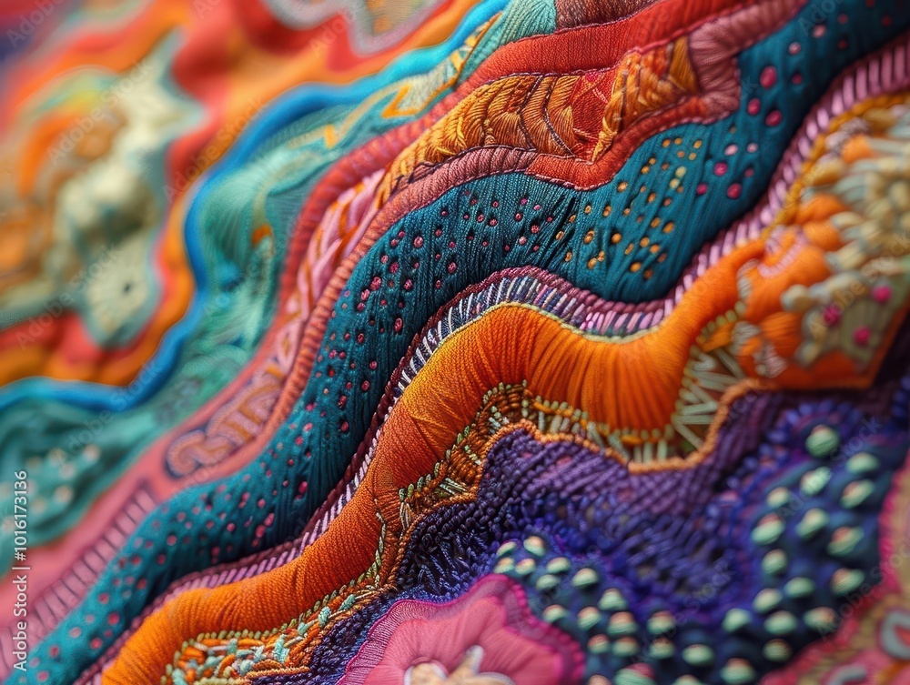 Detailed close-up shots of embroidery work, intricate and colorful, Urban, Soft tones, Photograph, Textile art