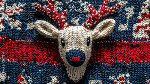 A beautifully knitted reindeer head in festive red and blue hues, capturing the essence of holiday cheer and warmth, perfect for seasonal decorations.