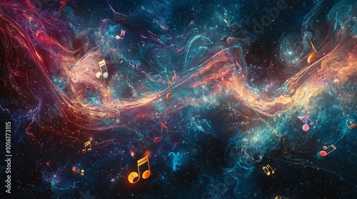 A surreal depiction of floating musical notes within a vibrant cosmic nebula. The bright colors and abstract design blend music with the vastness of space, creating a sense of harmony in the universe.