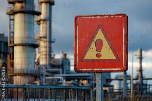 A prominent warning sign with an exclamation mark located near an oil refinery plant, serving as a reminder of safety and caution amid towering industrial structures. photo