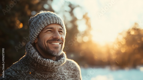 A portrait of a happy man in a warm winter hat and knit sweater, basking in the soft winter sun.