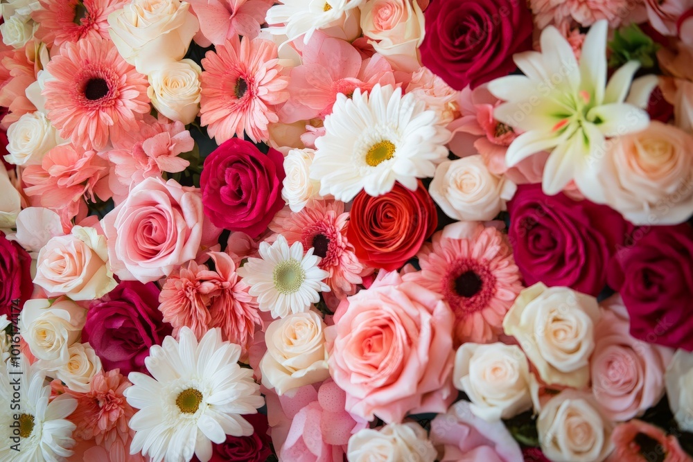 A striking wall of colorful flowers dominated by roses and gerbera daisies presents a stunning display of varied textures and colors, celebrating natural beauty. A striking wall of colorful flowers dominated by roses and gerbera daisies presents a stunning display of varied textures and colors, celebrating natural beauty.