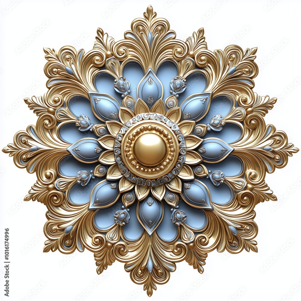 Ornate Golden and Blue Floral Design with a Central Pearl Ornate Golden and Blue Floral Design with a Central Pearl