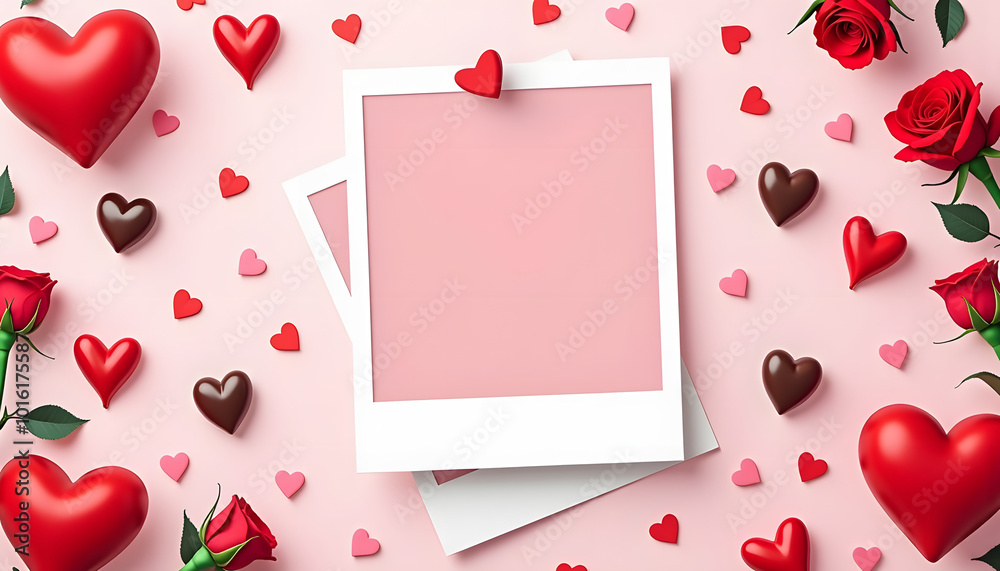 Blank polaroid photo frames surrounded by hearts and roses on a soft pink background