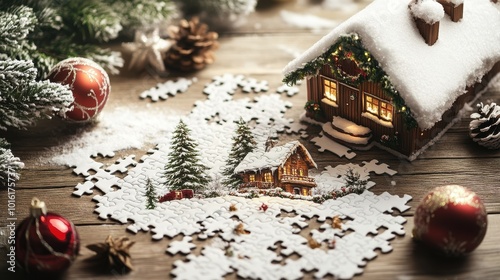 Cozy Winter Scene with Puzzle and Snowy Decor photo