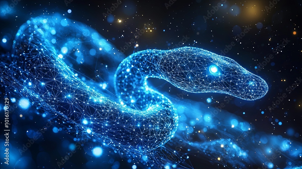 A glowing digital snake made up of interconnected blue lines appears futuristic, embodying themes of technology and mysticism in a captivating visual. A glowing digital snake made up of interconnected blue lines appears futuristic, embodying themes of technology and mysticism in a captivating visual.