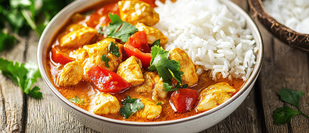 Succulent pieces of chicken breast in a flavorful curry sauce, accented by aromatic rice and colorful vegetables, garnished with cilantro for a fresh finish. Succulent pieces of chicken breast in a flavorful curry sauce, accented by aromatic rice and colorful vegetables, garnished with cilantro for a fresh finish.